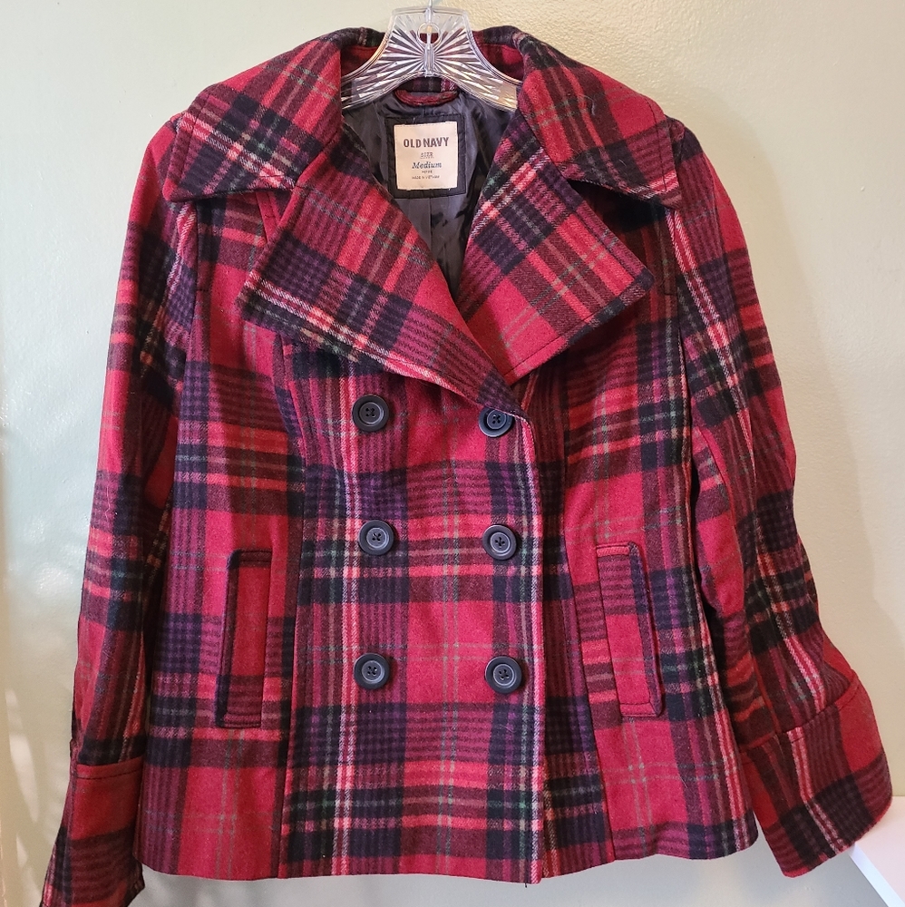 Old Navy Red Plaid Double-Breasted Wool Blend Peacoat